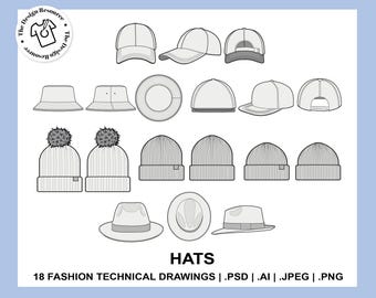 HATS - Fashion Technical Illustrations - CADs - Accessories - Illustrator Photoshop Procreate - Fashion Design