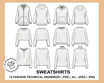 SWEATSHIRTS - Fashion Technical Illustrations - CADs - Tops - Illustrator Photoshop - Procreate - Fashion Design