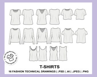 T-SHIRTS - Fashion Technical Illustrations - CADs - Top - Illustrator Photoshop - Procreate - Fashion Design