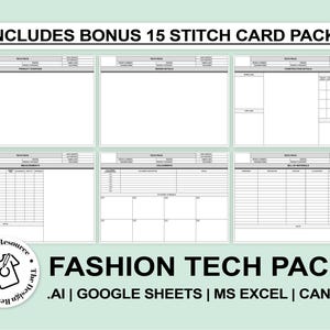 May include: A light green graphic with the text "INCLUDES BONUS 15 STITCH CARD PACK!" at the top. Below are six tech pack templates with sections for design details and measurements. The bottom of the graphic reads "FASHION TECH PACK" with file type options.