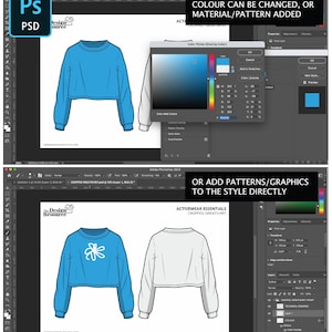 Puede incluir: Un archivo de Photoshop que muestra una plantilla para un dise&ntilde;o de sudadera corta. La plantilla es de color azul claro con un gr&aacute;fico de flor blanca. El texto "ACTIVEWEAR ESSENTIALS CROPPED SWEATSHIRT" es visible en la imagen.