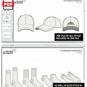 Puede incluir: Dos im&aacute;genes que muestran diferentes estilos de gorras y calcetines. La primera imagen muestra tres estilos diferentes de gorras. La segunda imagen muestra seis estilos diferentes de calcetines. El texto en las im&aacute;genes dice "ACTIVEWEAR ESSENTIALS" y "PDF FILE OF ALL STYLES INCLUDED IN ONE FILE".