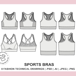 May include: Eight technical fashion drawings of sports bras. The bras are shown in various styles with different strap designs and colors.