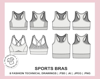 SPORTS BRA TOPS - Fashion Technical Illustrations - CADs - Sportswear - Illustrator Photoshop Procreate - Fashion Design