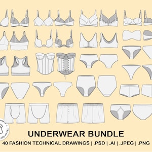 Puede incluir: Una colección de 40 dibujos técnicos de ropa interior blanca, que incluyen sujetadores, bragas, corsés y pantalones cortos tipo bóxer. La imagen incluye el texto "UNDERWEAR BUNDLE" e información sobre el tipo de archivo.
