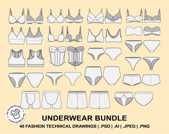 UNDERWEAR BUNDLE - Fashion Technical Illustrations - CADs - Womens - Mens - Briefs - Illustrator Photoshop - Procreate - Fashion Design