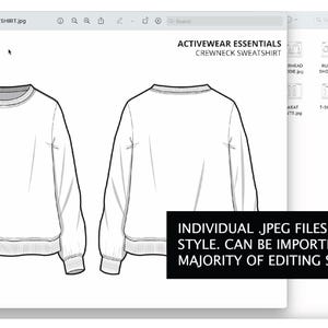 Puede incluir: Un dibujo en blanco y negro de una sudadera de cuello redondo, mostrando tanto la vista frontal como la posterior. El texto "ACTIVEWEAR ESSENTIALS CREWNECK SWEATSHIRT" est&aacute; en la parte superior de la imagen.