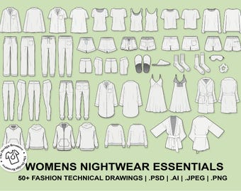 WOMENS NIGHTWEAR ESSENTIALS - Fashion Technical Illustrations - CADs - Sleepwear - Illustrator Photoshop Procreate - Fashion Design