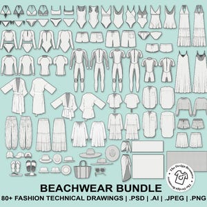 May include: A set of 80+ technical fashion drawings for beachwear, including swimwear, dresses, shirts, pants, shorts, and accessories. The drawings are in black and white and are suitable for use in fashion design, illustration, and pattern making.