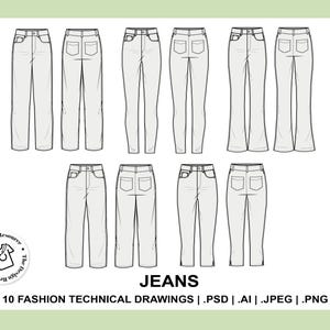 May include: Ten line drawings of different styles of jeans. The drawings are in black and white and show the front view of the jeans.