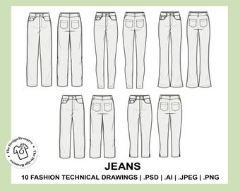 JEANS - Fashion Technical Illustrations - CADs - Trousers - Denim - Illustrator Photoshop Procreate - Fashion Design