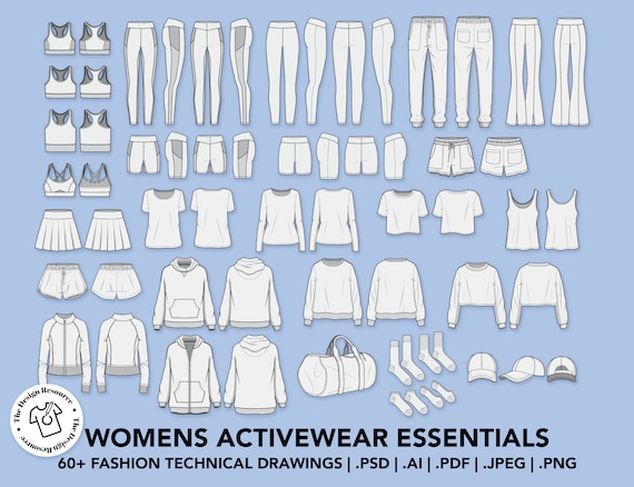 WOMENS ACTIVEWEAR ESSENTIALS - Fashion Technical Illustrations - CADs - Sportswear - Illustrator Photoshop Procreate - Fashion Design