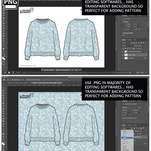 Puede incluir: Una ilustraci&oacute;n digital de una sudadera azul claro con un patr&oacute;n floral blanco y azul claro. La imagen muestra las vistas frontal y posterior de la sudadera. El texto "USE .PNG IN MAJORITY OF EDITING SOFTWARES... HAS TRANSPARENT BACKGROUND SO PERFECT FOR ADDING PATTERN" se muestra sobre la sudadera.