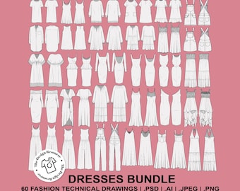 DRESSES BUNDLE - Fashion Technical Illustrations - CADs - Womens - Dress - Jumpsuit - Illustrator Photoshop - Procreate - Fashion Design