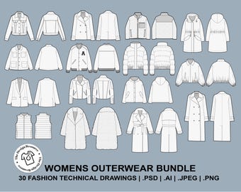 WOMENS OUTERWEAR BUNDLE - Fashion Technical Illustrations - CADs - Womens - Coat Jacket - Illustrator Photoshop - Procreate - Fashion Design