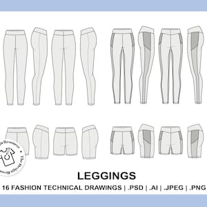Pode incluir: Desenhos técnicos de moda de leggings e shorts em várias vistas, incluindo frontal, posterior e lateral. Os desenhos são em preto e branco e mostram a forma e o design básico das peças de roupa.
