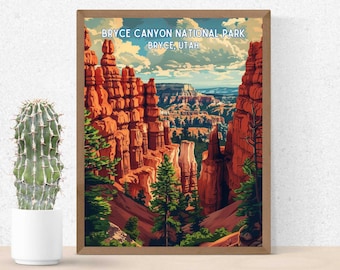 Plakat podróżniczy do Parku Narodowego Bryce Canyon w stanie Utah, wystrój wnętrz, grafika na pustyni, sztuka zachodnia – do wydrukowania w wersji cyfrowej