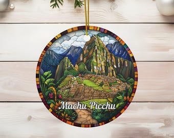 Machu Picchu Faux Stained Glass Ornament, Peruvian Travel Memory, Inca Trail, Peru Holiday Gift, South American Tropical Christmas