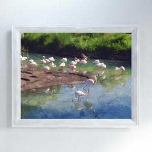 Pink Flamingo Flock Painting Print, Tropical Bird Watercolor Painting Art, Nature Artwork Gift, Bird Lovers Gift, Beach House Wall Art