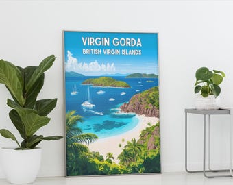 Virgin Gorda British Virgin Islands Travel Poster, Caribbean Beach Artwork, Tropical Island Artwork for Home Office, Sailing BVI Keepsake