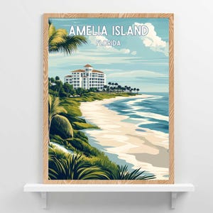 Póster de viaje a la isla Amelia, Florida, decoración tropical para el hogar, obras de arte de la playa de Florida, arte mural del océano Atlántico: descarga digital