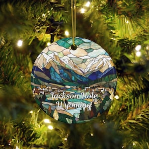 Jackson Hole Stained Glass Style Ornament, Personalized Holiday Gift, Wyoming Travel Keepsake, Western Nature Lovers Christmas Decor