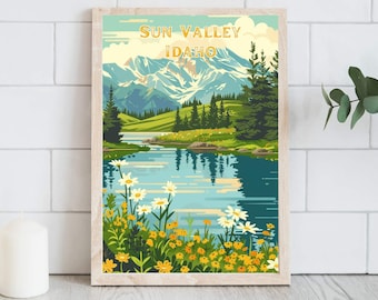 Sun Valley Idaho Travel Poster, Western Nature Art,  Mountain Artwork, Idaho Home Decor, Boise, Retro Travel Print, Digital Download