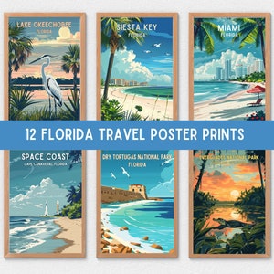 Paquete de 12 carteles de viaje de Florida para decoración del hogar, arte de pared, playas populares, parques nacionales y destinos vacacionales, descarga instantánea imprimible
