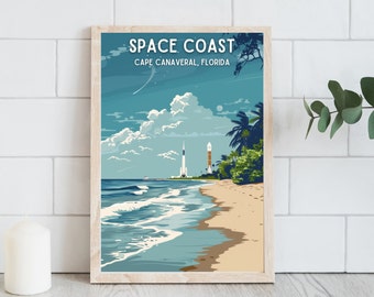 Space Coast Florida Travel Poster Florida Home Decor Retro Travel Art Florida Beach Artwork Cape Canaveral Space Wall Art - Digital Download