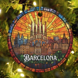Barcelona Stained Glass Style Ornament, Personalized Holiday Gift, Spain Travel Souvenir, Spanish Christmas Decor, European Vacation