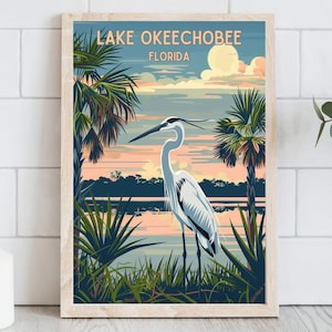 Póster de viaje del lago Okeechobee, decoración del hogar de Florida, arte antiguo de la naturaleza de Florida, obra de arte de vida silvestre de Florida, descarga digital