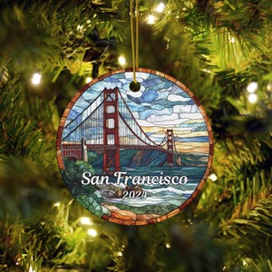 Golden Gate Bridge Stained Glass Style Ornament Personalized Holiday Gift, San Francisco Vacation California Travel Souvenir Christmas Decor