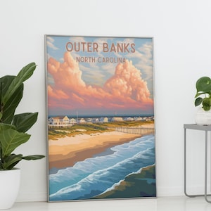 May include: A vintage-style poster with a colorful illustration of a beach scene with a pier and houses. The poster has the text "Outer Banks North Carolina" at the top.