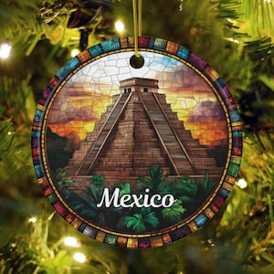 Mexico Aztec Pyramid Ornament, Tropical Christmas Decor, Mexico City Holiday Gift, Vacation Memories, Faux Stained Glass Xmas Decoration