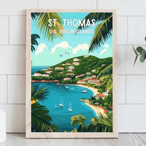 St. Thomas Amerikanische Jungferninseln Reiseplakat, tropisches Wohndekor, Karibikstrand Kunstwerk, Inselwandkunst - Druckbare digitale Download