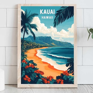 Kauai Beach Hawaii Travel Poster Hawaiian Home Decor Retro Travel Art Hanalei Bay Pacific Islands Artwork Digital Download