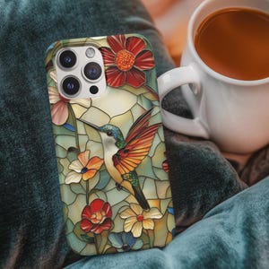 Custom Hummingbird Faux Stained Glass Phone Case for iPhone, Samsung Galaxy, and Google Pixel, Gift Idea for Nature & Bird Lovers