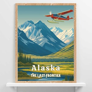 Stampa artistica di poster di viaggio in Alaska, arredamento per la casa dell'Alaska, opere d'arte per lodge o baite, stampa artistica da parete della frontiera dell'Alaska, download digitale