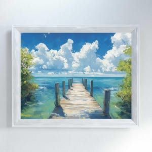 a painting of a dock leading to the ocean