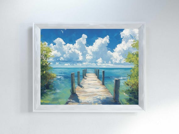 Dock in the Florida Keys Print - Coastal Artwork, Beach Home Decor, Tropical Wall Art, Florida Nature Gift Idea,  Seaside Dock Painting