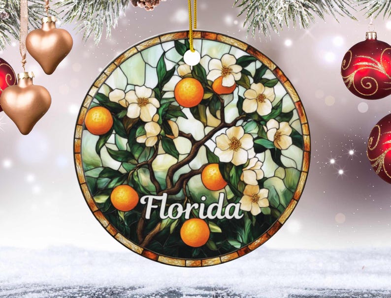 Florida Orange Blossom Faux Stained Glass Ornament, Old Florida Holiday