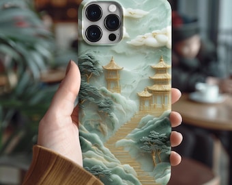 Jade-Inspired Asian Landscape Phone Case for iPhone, Samsung, & Google Pixel – Pagoda, Trees, Clouds (Glossy/Matte)