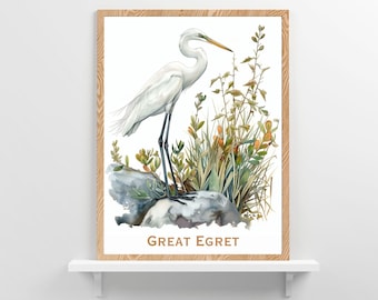 Plakat z ptakiem czaplą białą, kultowe tropikalne ptaki, dzika przyroda, dekoracja ścienna, dom nad jeziorem lub domek na plaży, prezent dla miłośników ptaków