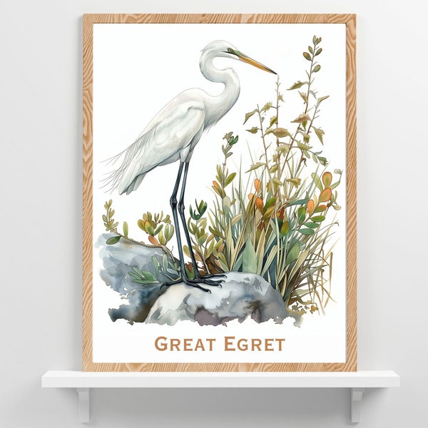 Great Egret Bird Poster Design Iconic Tropical Birds Wildlife Wall Art Lake Home or Beach Cottage Birder Decor Bird Lovers Gift