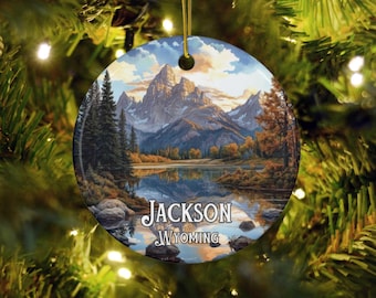 Jackson Wyoming Illustrated Christmas Ornament, Western Holiday Tree Decoration, Jackson Hole Travel Souvenir, Personalized Vacation Gift