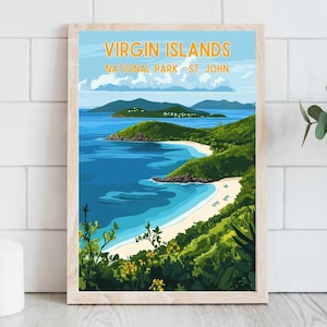 May include: A vintage travel poster design featuring a scenic view of a beach and islands in the Virgin Islands National Park, St. John. The poster has a blue, green, and white color scheme with the text "VIRGIN ISLANDS NATIONAL PARK - ST. JOHN" in orange.