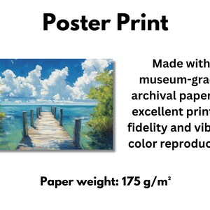 a poster with a picture of a pier and clouds