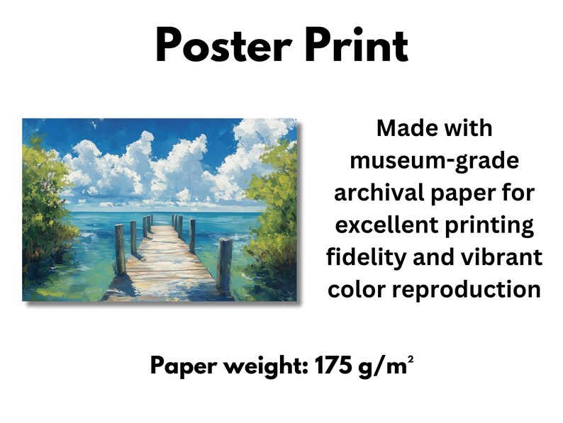 a poster with a picture of a pier and clouds