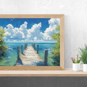 a painting of a dock in the water
