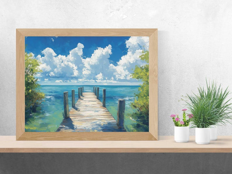 a painting of a dock in the water